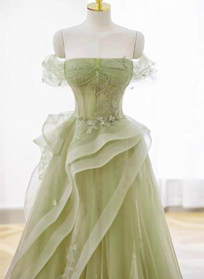 Green Off Shoulder Tulle with Lace A-line Prom Dress, Green Long Formal Gown