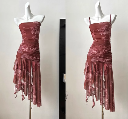 New Chinese style women's red irregular sling dress tube top long skirt summer adult dress concert wear R0090