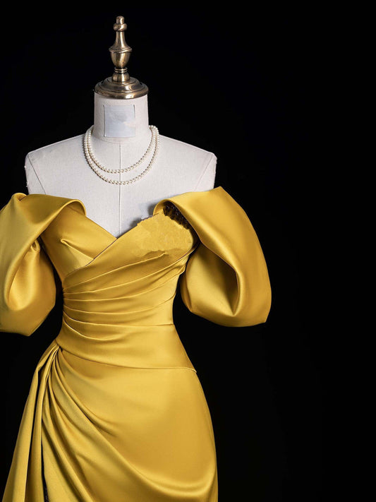 Gold Satin Off Shoulder A-line Party Dress Prom Dress, Gold Satin Party Dress