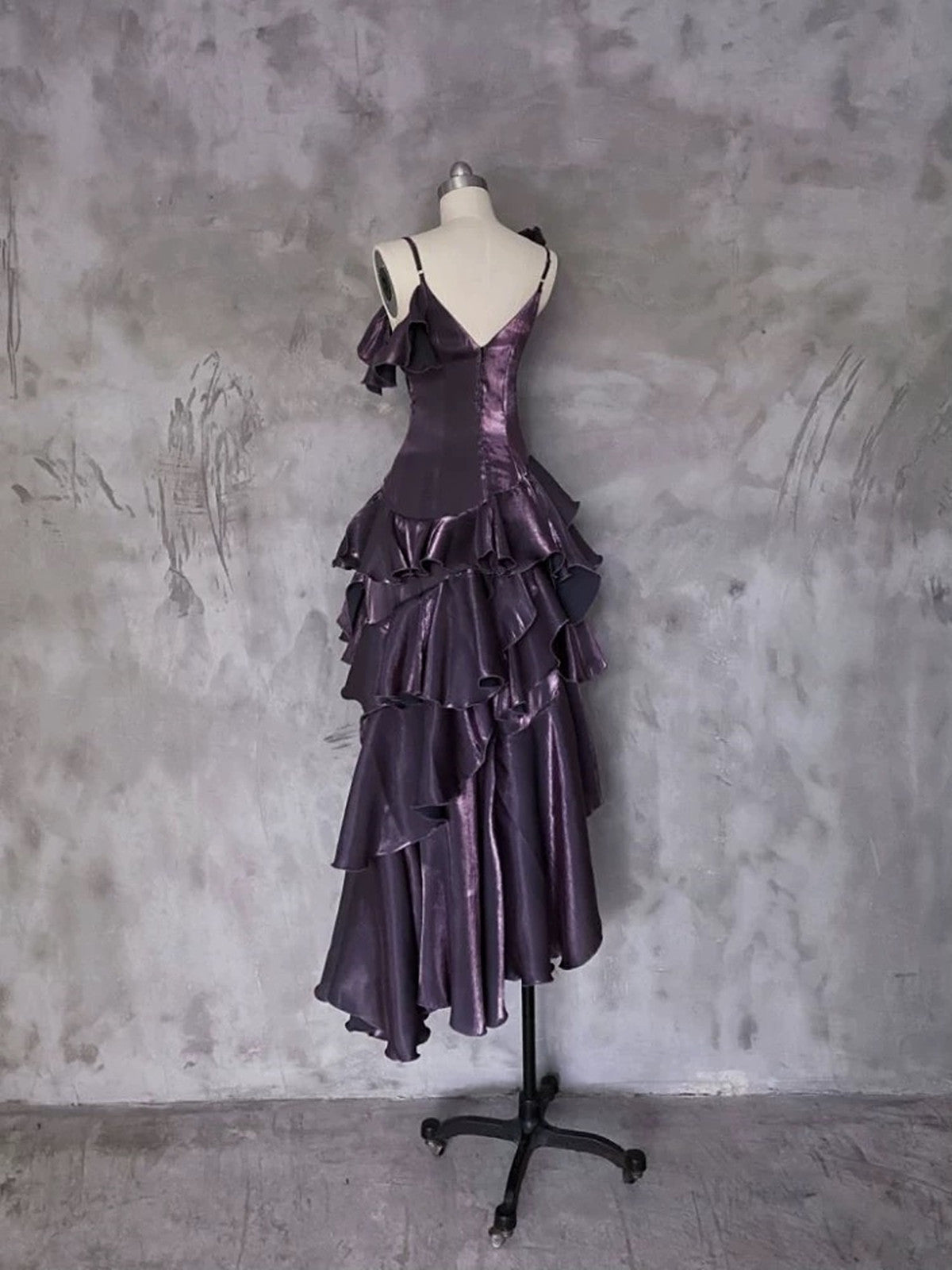 Lovely Purple High Low Straps Satin Long Prom Dress, Purple Satin Homecoming Dress