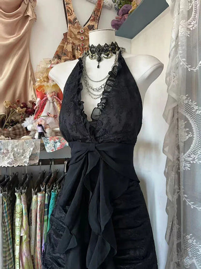 Black Lace V-neckline A-line Halter Party Dress, Black Vintage Style Prom Dress