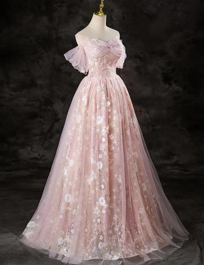 Cute A-line Pink Lace and Tulle Sweetheart Party Dress, Pink Tulle Prom Dress