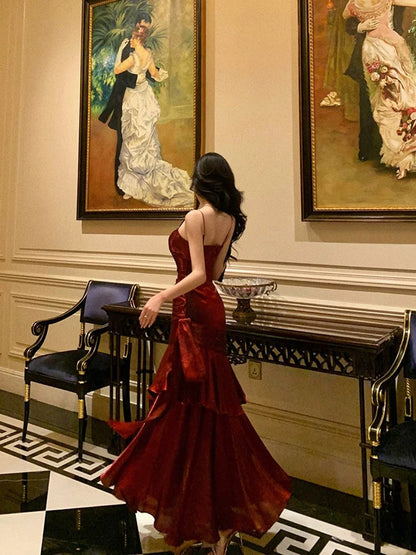 Wine Red Mermaid Straps Satin Chic Party Dress, Wine Red Satin Prom Dress Evening Dress