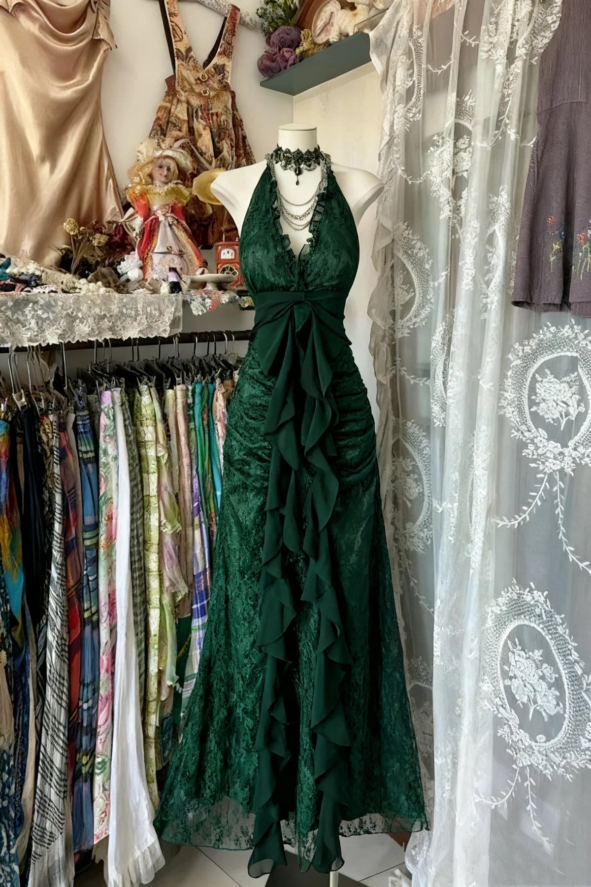 Classical Lace Halter Vintage Style Prom Dress, Lace Floor Length Formal Gown