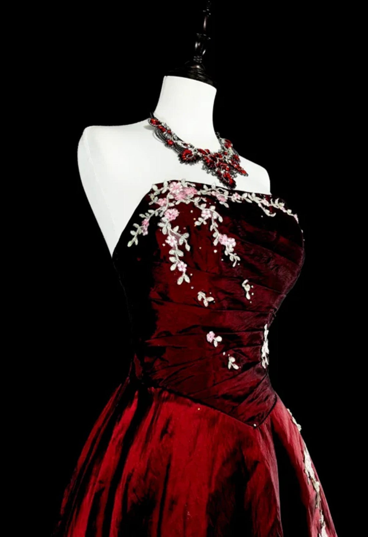 Wine Red Strapless Taffeta with Lace Applique Prom Dress, Wine Red Long Evening Dress
