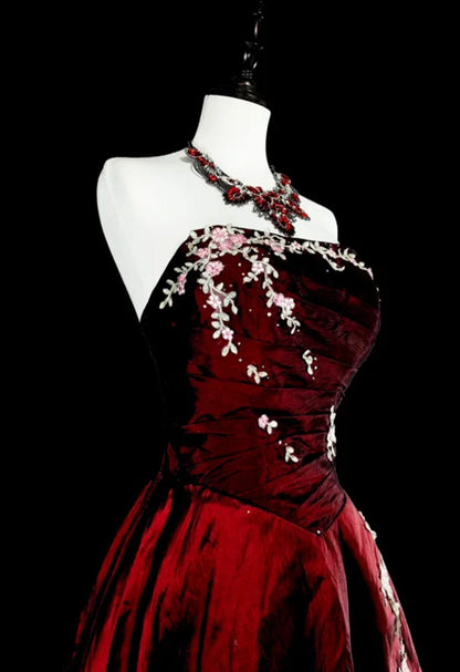 Wine Red Strapless Taffeta with Lace Applique Prom Dress, Wine Red Long Evening Dress