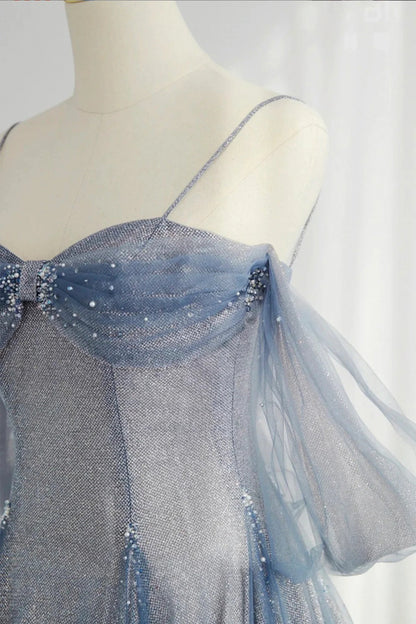 Glitter Blue Tulle A-Line Evening Dress, Blue Off Shoulder Prom Dress with Puff Sleeves