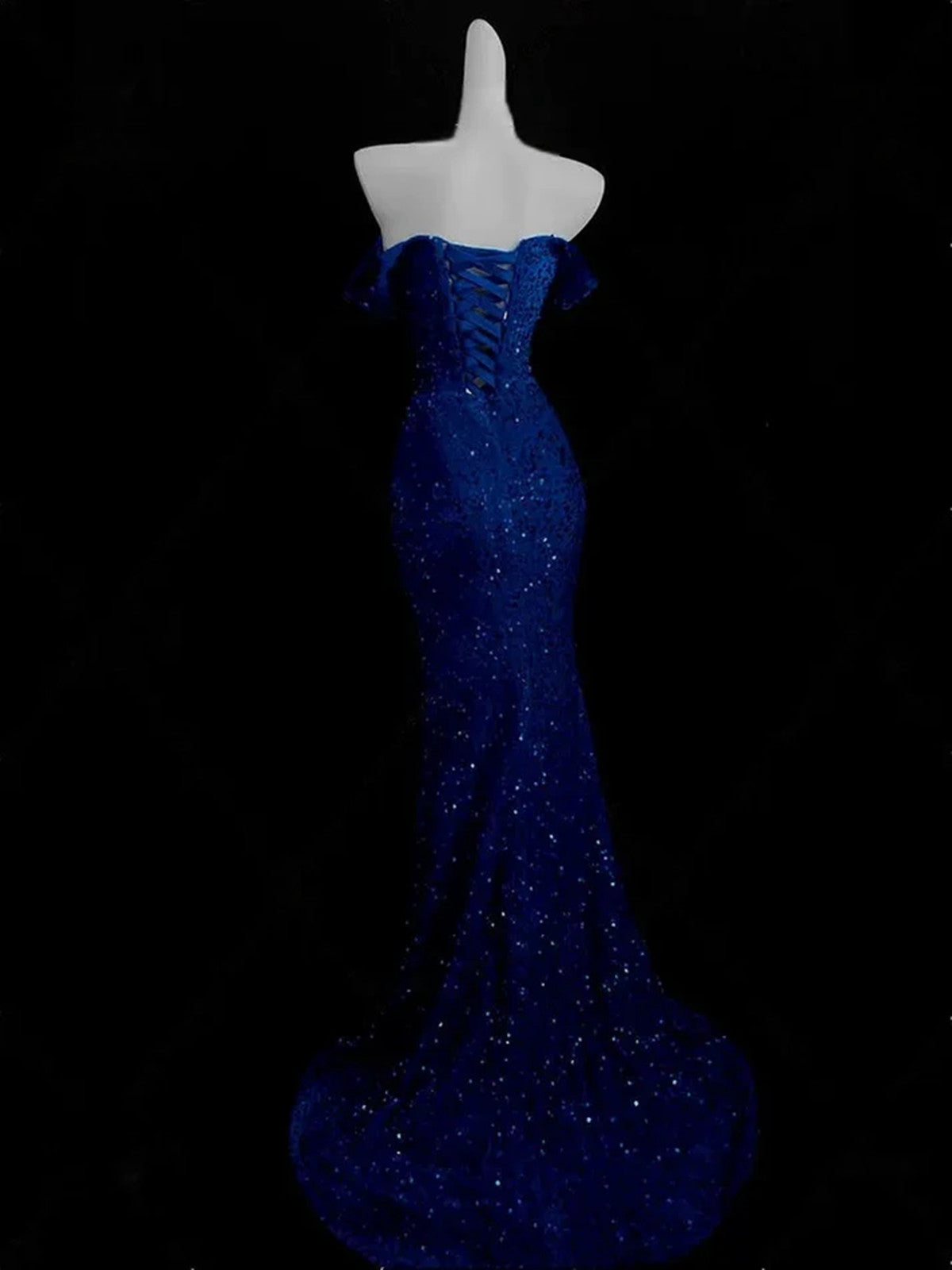 Blue Mermaid Sequins Sweetheart Prom Dress, Blue Off Shoulder Party Dress