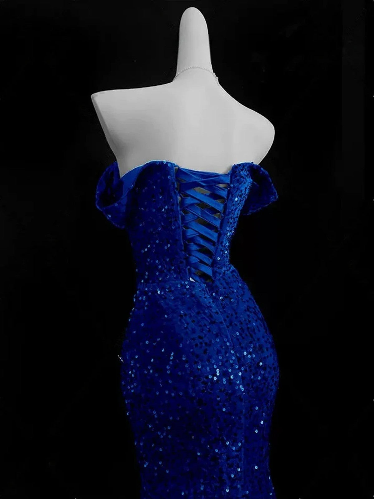 Blue Mermaid Sequins Sweetheart Prom Dress, Blue Off Shoulder Party Dress
