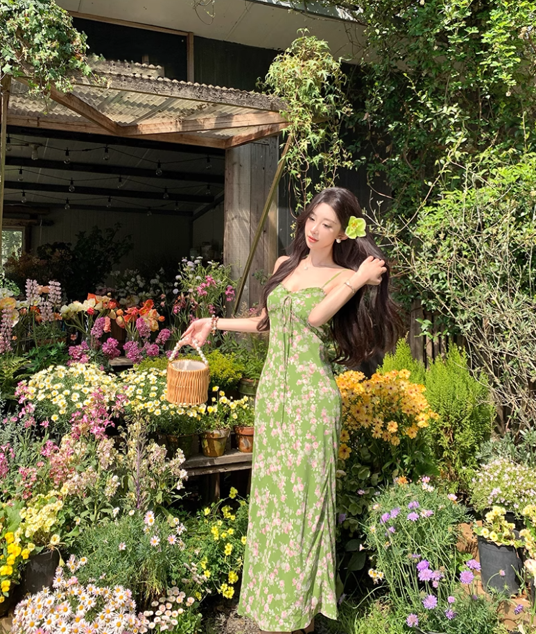 Green floral suspender dress beautiful waist A-line long skirt R0601