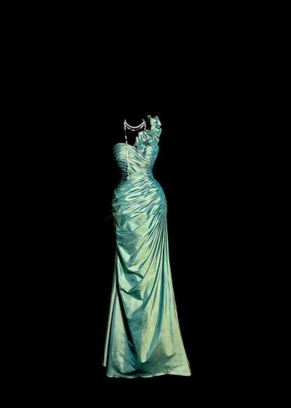 Green satin one-shoulder pleated waist long ball gown R6617