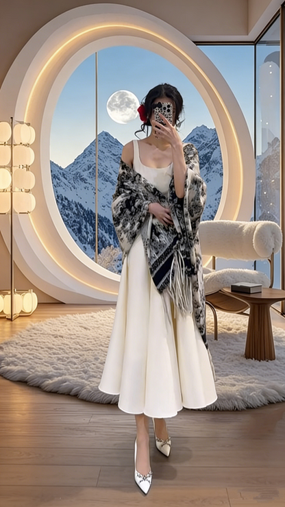White halter-neck fitted ball gown with a full skirt, elegant and sophisticated R8042