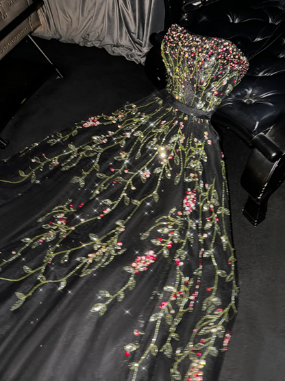 Black strapless fitted waist light green rhinestone long ball gown/bridal dress R8743