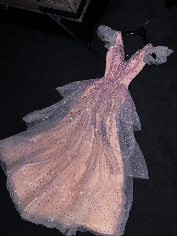 Light pink sequined V-neck fitted A-line long ball gown, bridal dress R8773