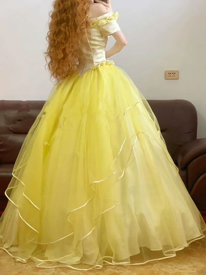 Yellow Off-the-Shoulder Waist-Cinched Puffy-Hem Long-Length Ball Gown, Bridal Gown R7330