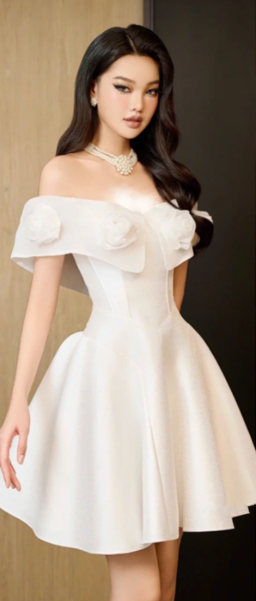 White gentle design neckline one shoulder waist slim fit long skirt short skirt homecoming dress R4718