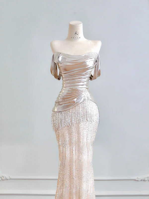 Silver off-the-shoulder fitted bodice, light pink bodycon long ball gown R8202