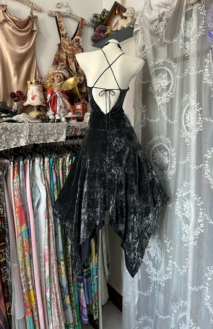 Black halter neck slim waist irregular skirt short ball gown R6178