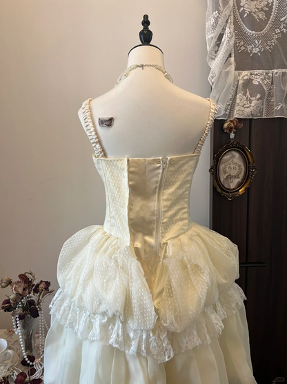 White retro elegant suspenders waist bud skirt short skirt homecoming dress R4275