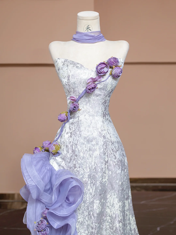 Light purple strapless 3D floral dress with a fitted waist and A-line skirt, a stylish ball gown/bridal gown R8287