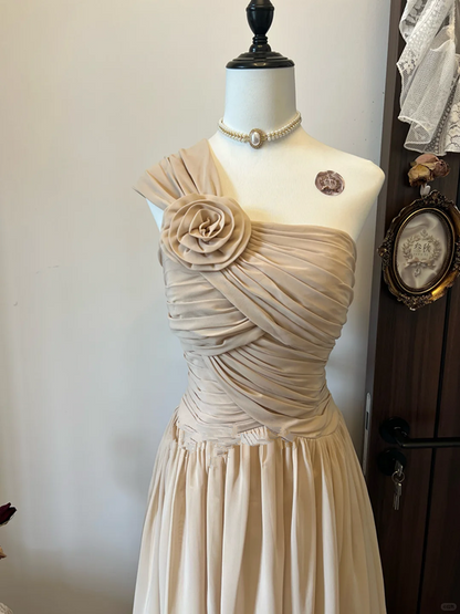 Khaki off-shoulder asymmetrical neckline with pleated waist long skirt for homecoming R4314