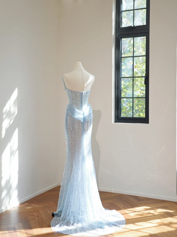 Light blue strapless fitted long ball gown R8462