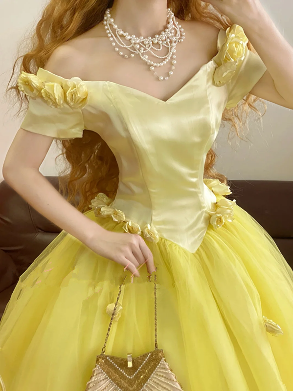 Yellow Off-the-Shoulder Waist-Cinched Puffy-Hem Long-Length Ball Gown, Bridal Gown R7330