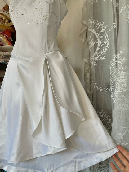 White halter-neck A-line mini dress, ball gown R6297