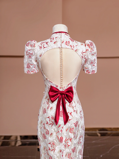 Red floral print, Chinese-style neckline, fitted waist, slimming silhouette, sexy long ball gown R8402