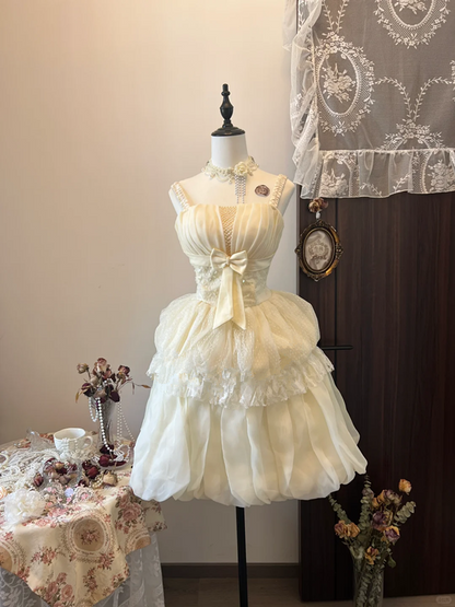 White retro elegant suspenders waist bud skirt short skirt homecoming dress R4275