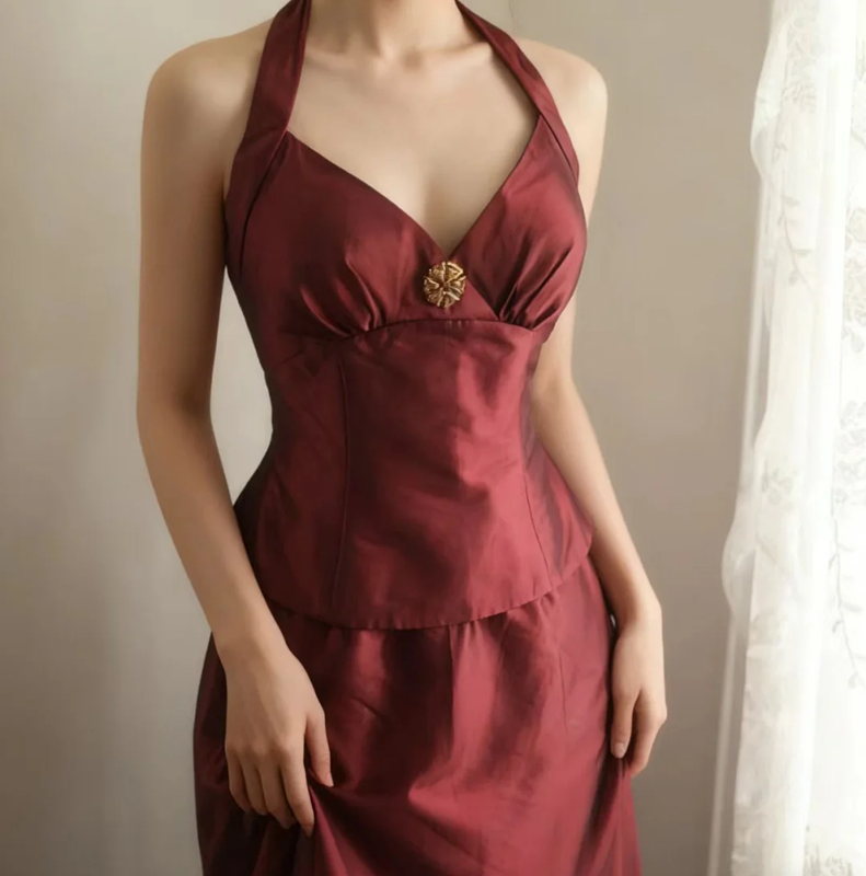Red halter-neck fitted top and bodycon long skirt suit for a ballroom gown R6697
