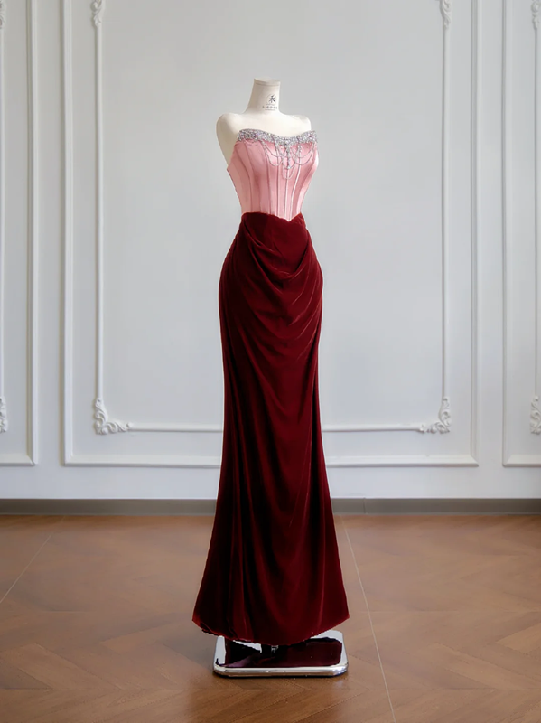 Pink strapless dress with deep red bodycon design, sexy long ball gown R8171