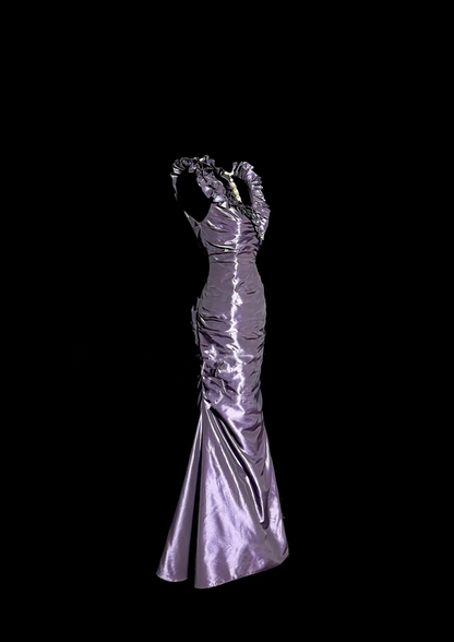 Light grayish purple sleeveless fitted waist pleated hip-hugging sexy long ball gown R6657