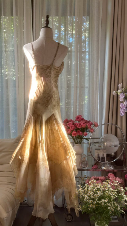 Light brown halter-neck fitted long ball gown with an asymmetrical hem R7763