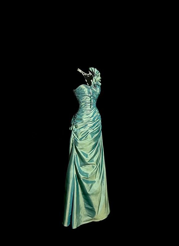 Green satin one-shoulder pleated waist long ball gown R6617