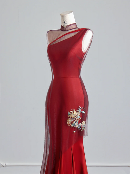 Red one-shoulder fitted waist slim-fitting hip-hugging sexy long ball gown R8150
