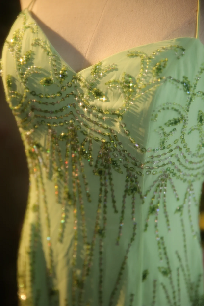 Light green halter neck strap fitted waist long ball gown/bridal dress R7269