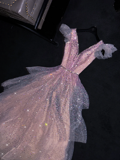 Light pink sequined V-neck fitted A-line long ball gown, bridal dress R8773