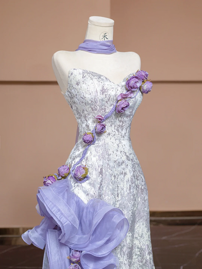 Light purple strapless 3D floral dress with a fitted waist and A-line skirt, a stylish ball gown/bridal gown R8287