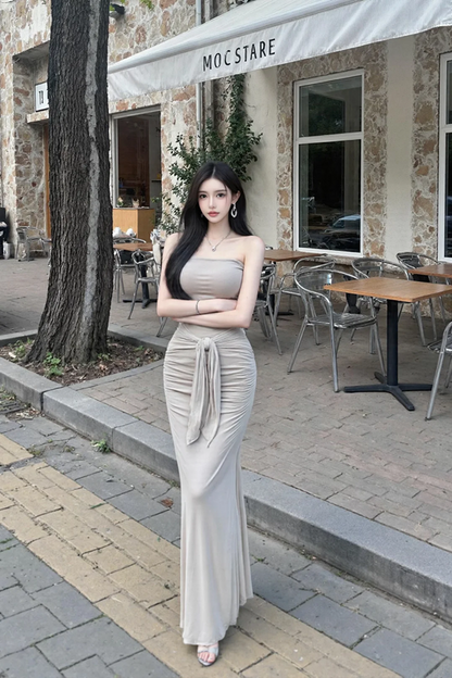 Light brown one-shoulder fitted waist bodycon long sexy ball gown R7536