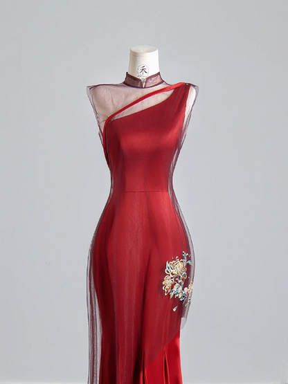 Red one-shoulder fitted waist slim-fitting hip-hugging sexy long ball gown R8150