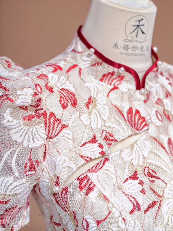 Red floral print, Chinese-style neckline, fitted waist, slimming silhouette, sexy long ball gown R8402
