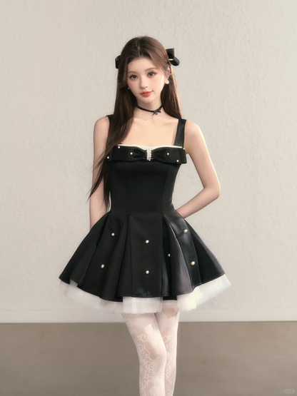 Black suspender waist slim A-line short skirt homecoming dress R5405
