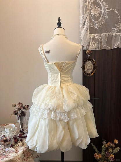 White retro elegant suspenders waist bud skirt short skirt homecoming dress R4275