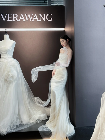White tube top slim waist pleated sexy long dress bridal gown R6038