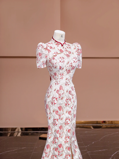 Red floral print, Chinese-style neckline, fitted waist, slimming silhouette, sexy long ball gown R8402