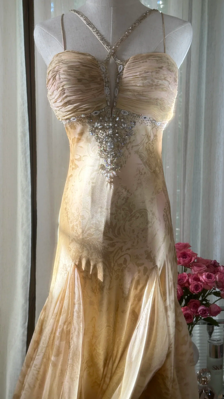 Light brown halter-neck fitted long ball gown with an asymmetrical hem R7763