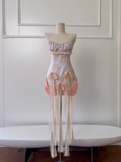 Light purple suspender waist flower bud design skirt short skirt homecoming dress R5006