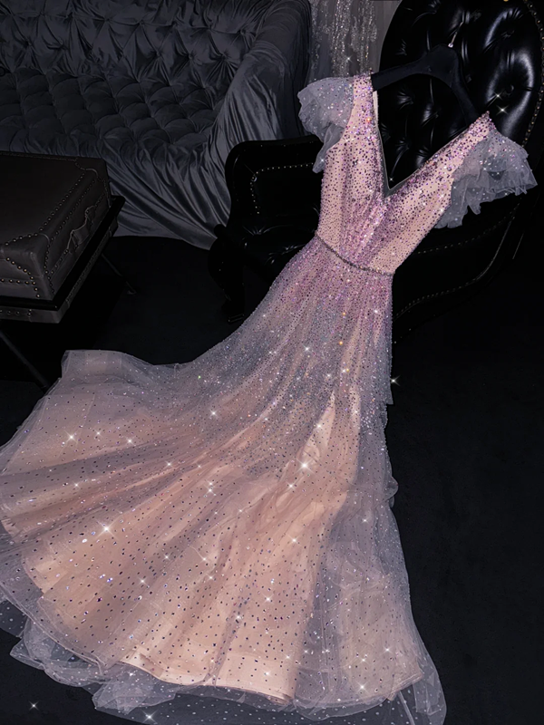 Light pink sequined V-neck fitted A-line long ball gown, bridal dress R8773
