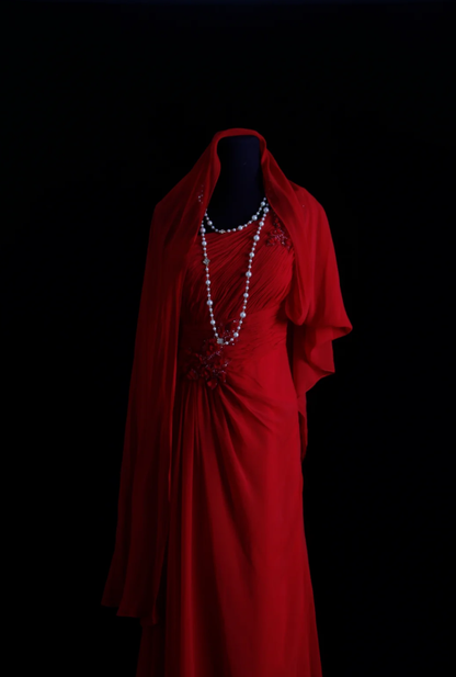 Classy Red One Chiffon Pleated Beaded Mermaid Long Evening Dress Formal Wedding Guest Dress D2212